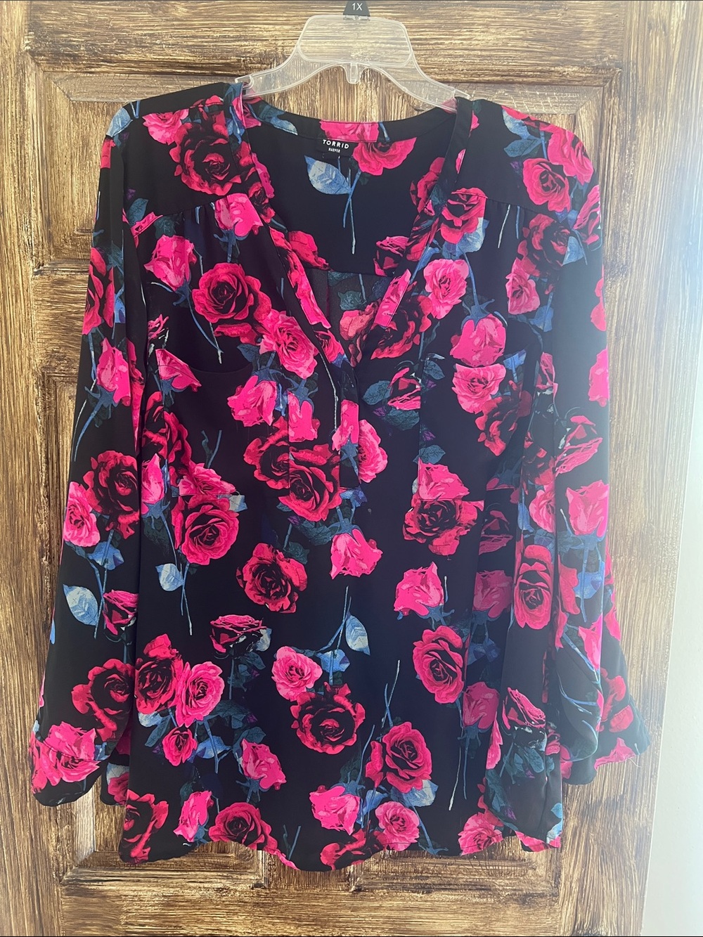 torrid Black Blouse with Hot Pink Rose Print